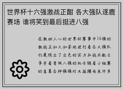 世界杯十六强激战正酣 各大强队逐鹿赛场 谁将笑到最后挺进八强